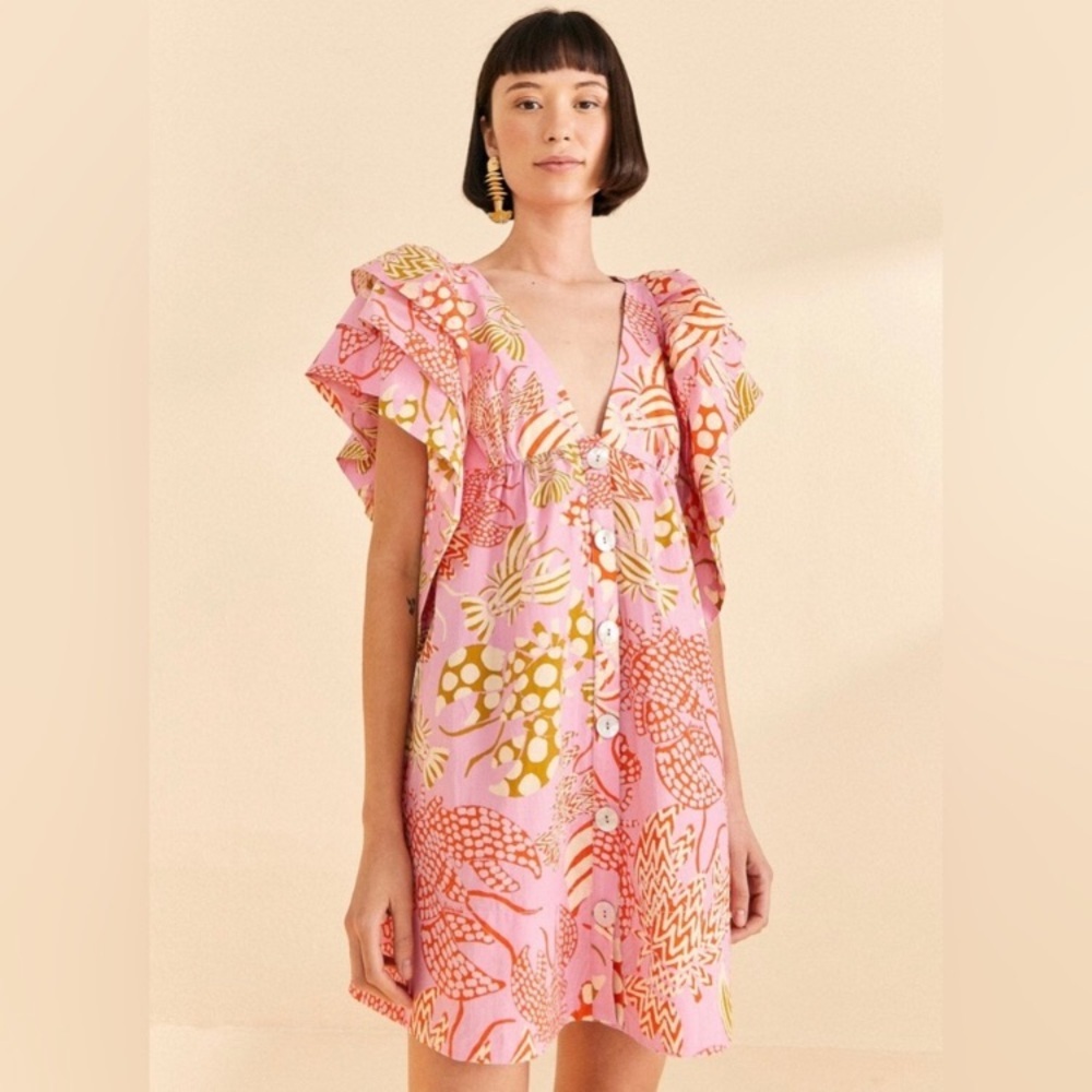 FARM RIO MIXED LOBSTERS RUFFLE MINI DRESS